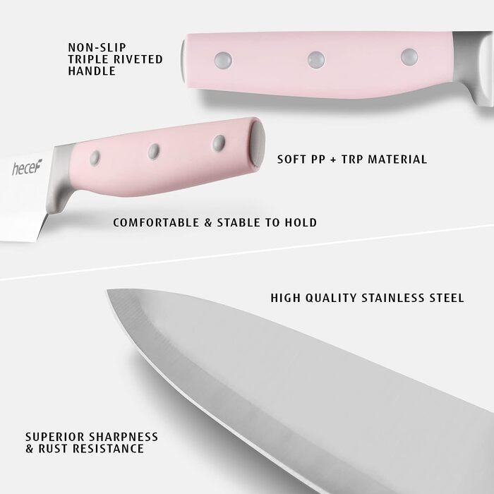Набор ножей с подставкой 14 предметов, розовый Hecef