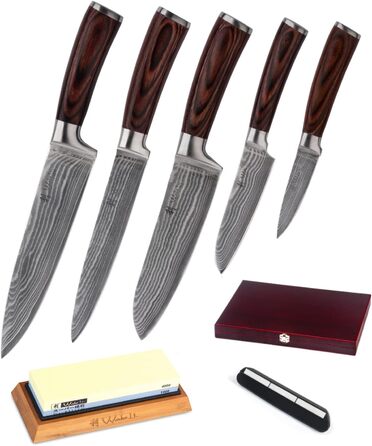Набор из 5 дамасских ножей с деревянной коробкой с заточкой Wakoli