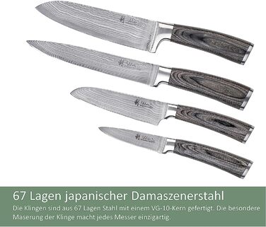 Набор из 4 профессиональных кухонных ножей из настоящей японской дамасской стали с ручками из дерева пакка Wakoli Edi