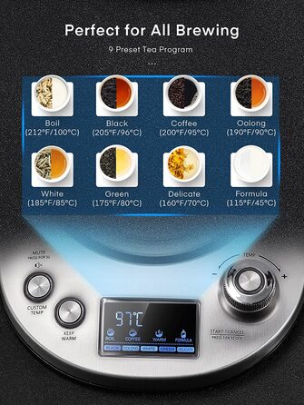 Электрический чайник FOHERE / 2200 Вт / 1,7 л / 9 температурных / бесшумный и беспроводной