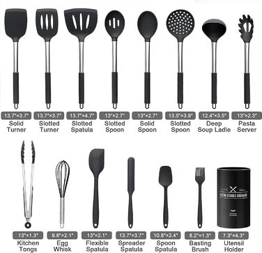 Набор силиконовых кухонных принадлежностей 15 предметов, чёрный NAUDILIFE