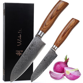 Набор из 2 дамасских ножей с лезвиями длиной 11 и 16 см с рукоятками из дерева пакка и деревянной коробкой Wakoli Edib Pro