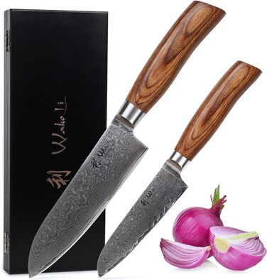 Набор из 2 дамасских ножей с лезвиями длиной 11 и 16 см с рукоятками из дерева пакка и деревянной коробкой Wakoli Edib Pro