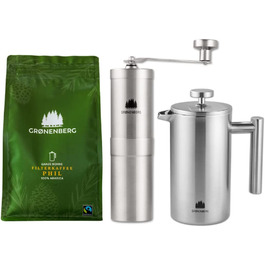 Набор для приготовления кофе Groenenberg, органический кофе в зернах 250 г + френч-пресс-термос 600 мл + ручная кофемолка