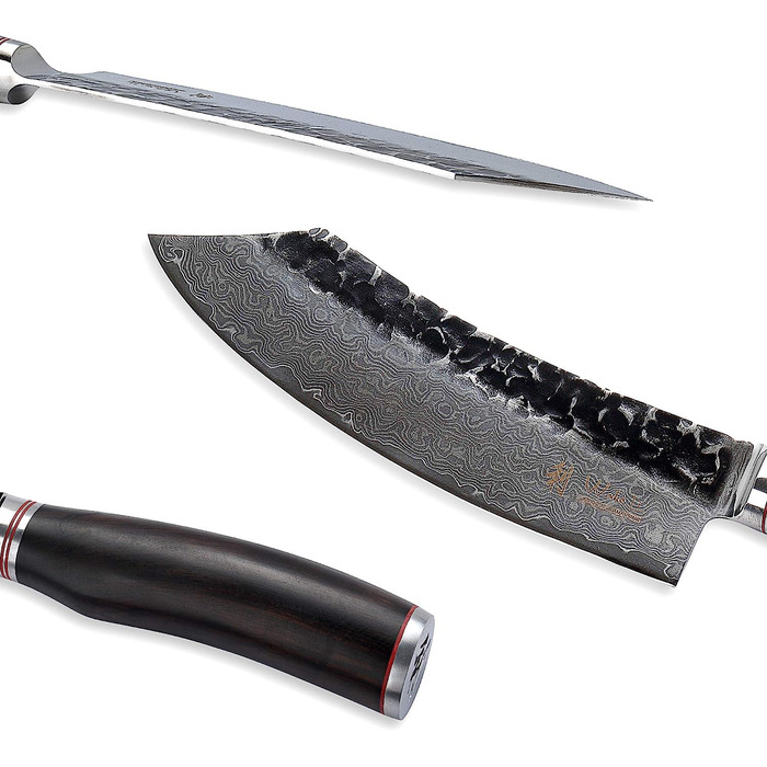 Профессиональный нож из натуральной дамасской стали с рукояткой из молота и натурального дерева 20 см Wakoli