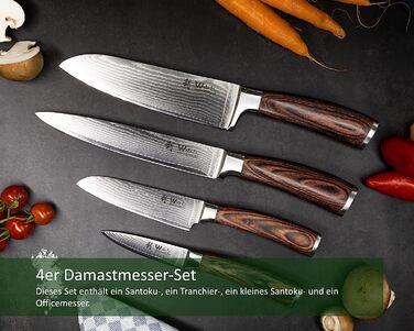 Профессиональный набор из 4 кухонных ножей из натуральной дамасской стали с ручками из дерева пакка Wakoli Edib