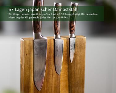 Профессиональный набор из 3 кухонных ножей из натуральной дамасской стали с деревянными ручками из пакки в деревянной коробке Wakoli Edib