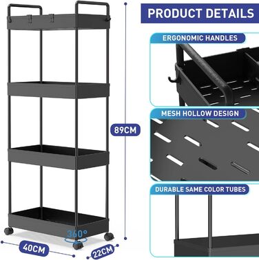 Тележка для хранения на колёсиках, 4 уровня, 22x40x86,5 см, чёрная Ronlap