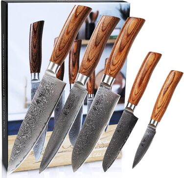 Набор ножей из дамасской стали с деревянными ручками с лезвиями длиной 8-20 см 67 слоев Wakoli Edib Pro