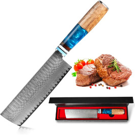 Домашний безопаснй нож накири, Дамасский нож из 67 слоев дамасской стали, 17-сантиметровй острй нож шеф-повара Профессиональнй нож, Дамасский тесак с ргономичной ручкой из синей смол для домашнего/ресторанного ножа накири