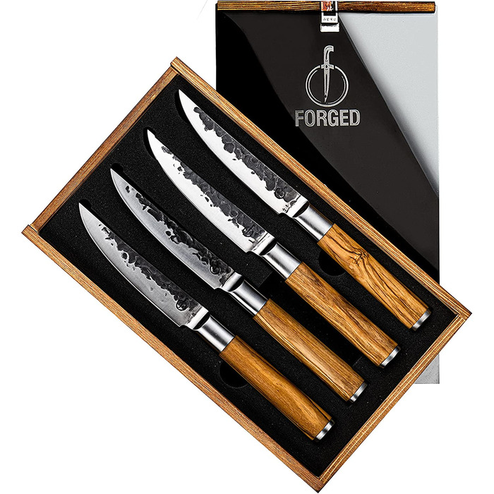 Набор кованых ножей для стейка Forged, 4 предмета, из оливкового дерева и японсокой нержавеющей стали, ручная работа, в деревянной коробке