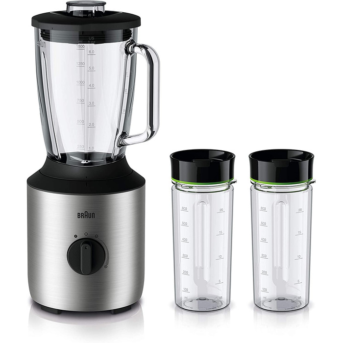 Braun Настольный блендер Braun PowerBlend 3 JB / 800 Вт / стеклянный контейнер 1.5 л / 2 стакана Smoothie2Go 600 мл