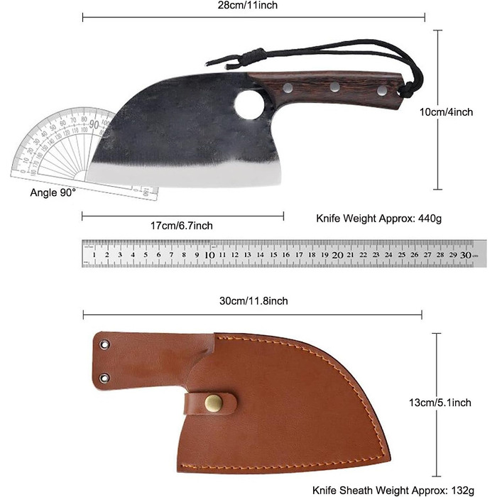 Нож-топорик для мяса Fubinaty из нержавеющей стали, кожаные ножны, 18 см
