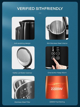 Электрический чайник с температурным режимом FOHERE Kettle Stainless Steel / 2200 Вт / 1,7 л / с двойными стенками /светодиодный дисплей температуры / функция поддержания тепла / от 40 °C до 100 °C